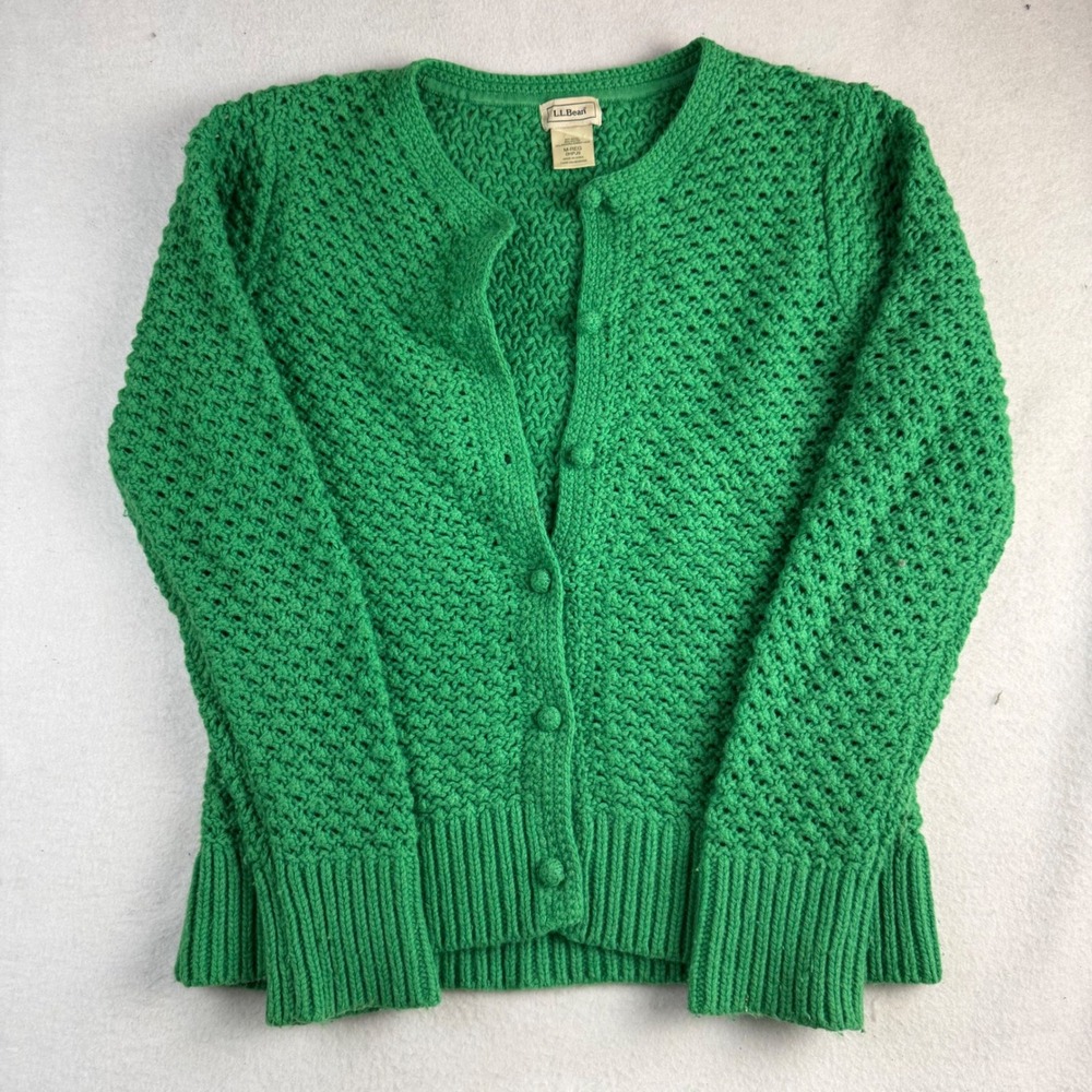 LL Bean Womens Green Wool Angora Blend Button Front Cardigan Sweater Size M